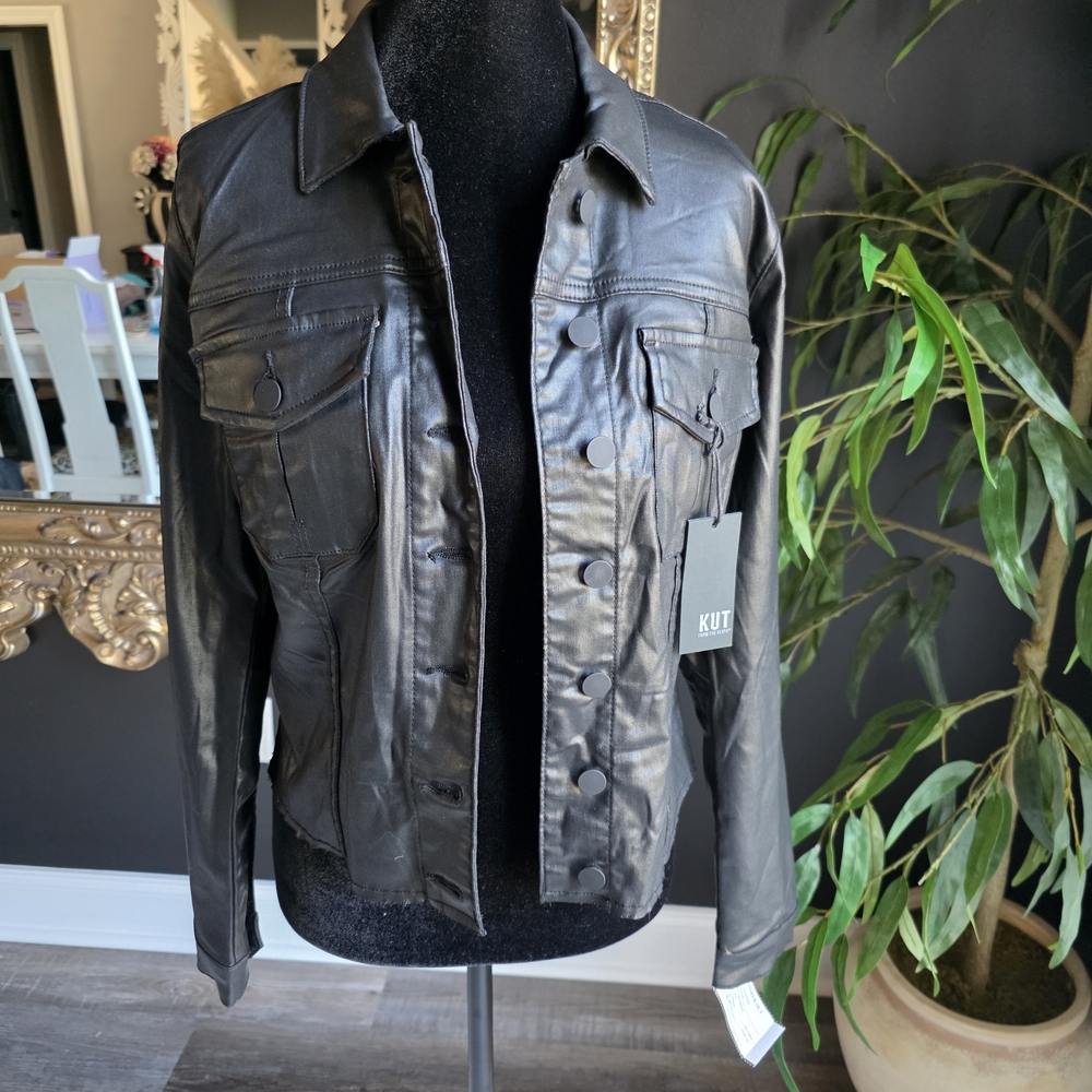 Kut from the Kloth Black Leather Trucker Jacket for Women Sz Small NWT